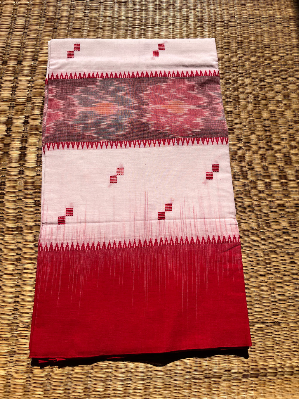 Iconic Traditional Bengali Handloom White Cotton Saree with Red Border