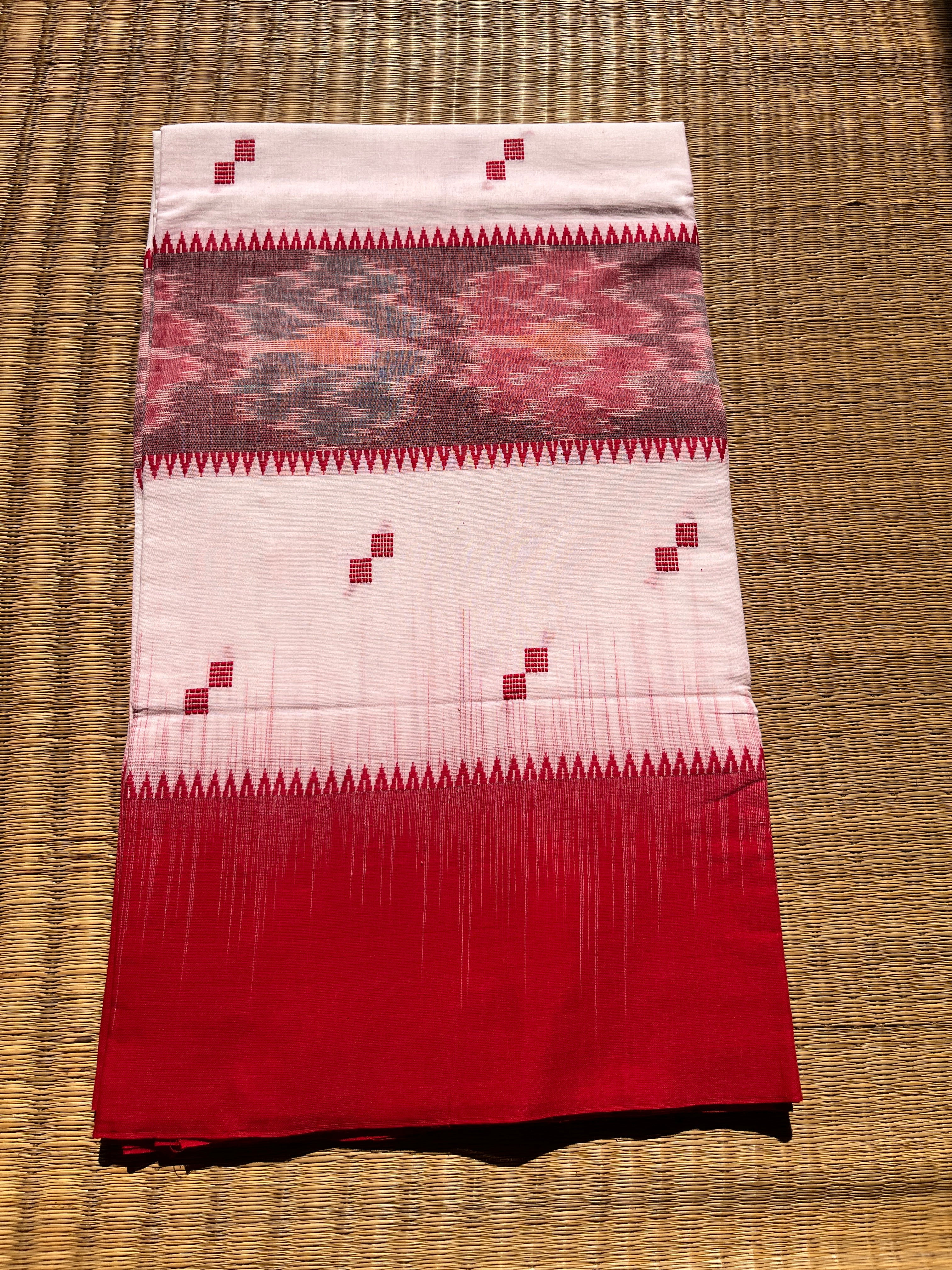 Iconic Traditional Bengali Handloom White Cotton Saree with Red Border