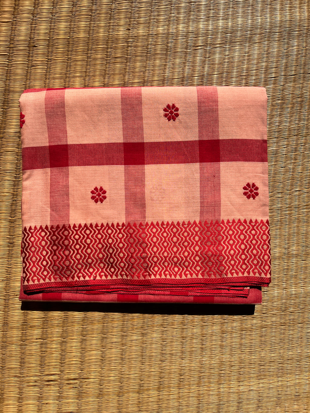 Red Checked Bengal Handloom Cotton Saree