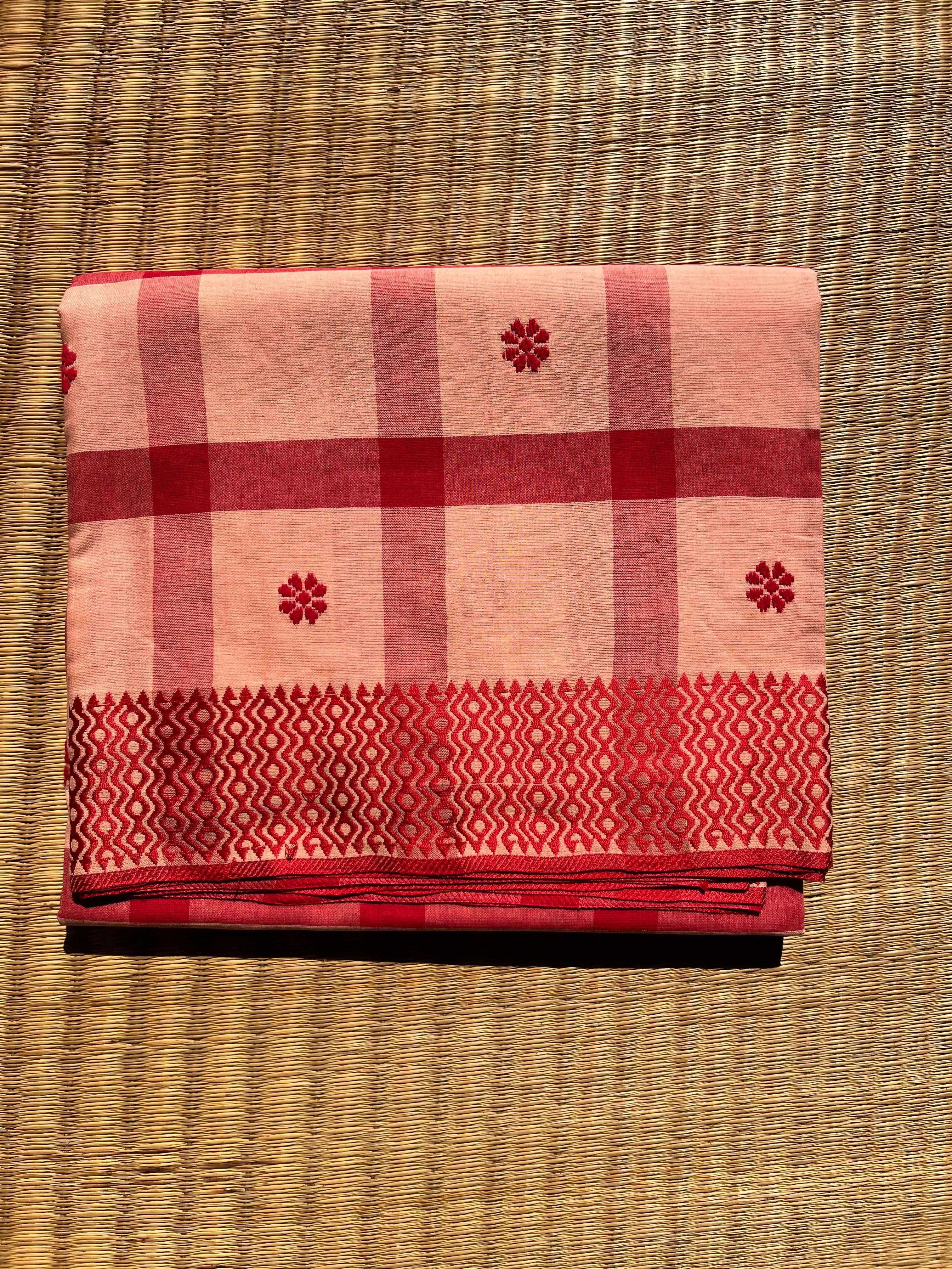 Red Checked Bengal Handloom Cotton Saree