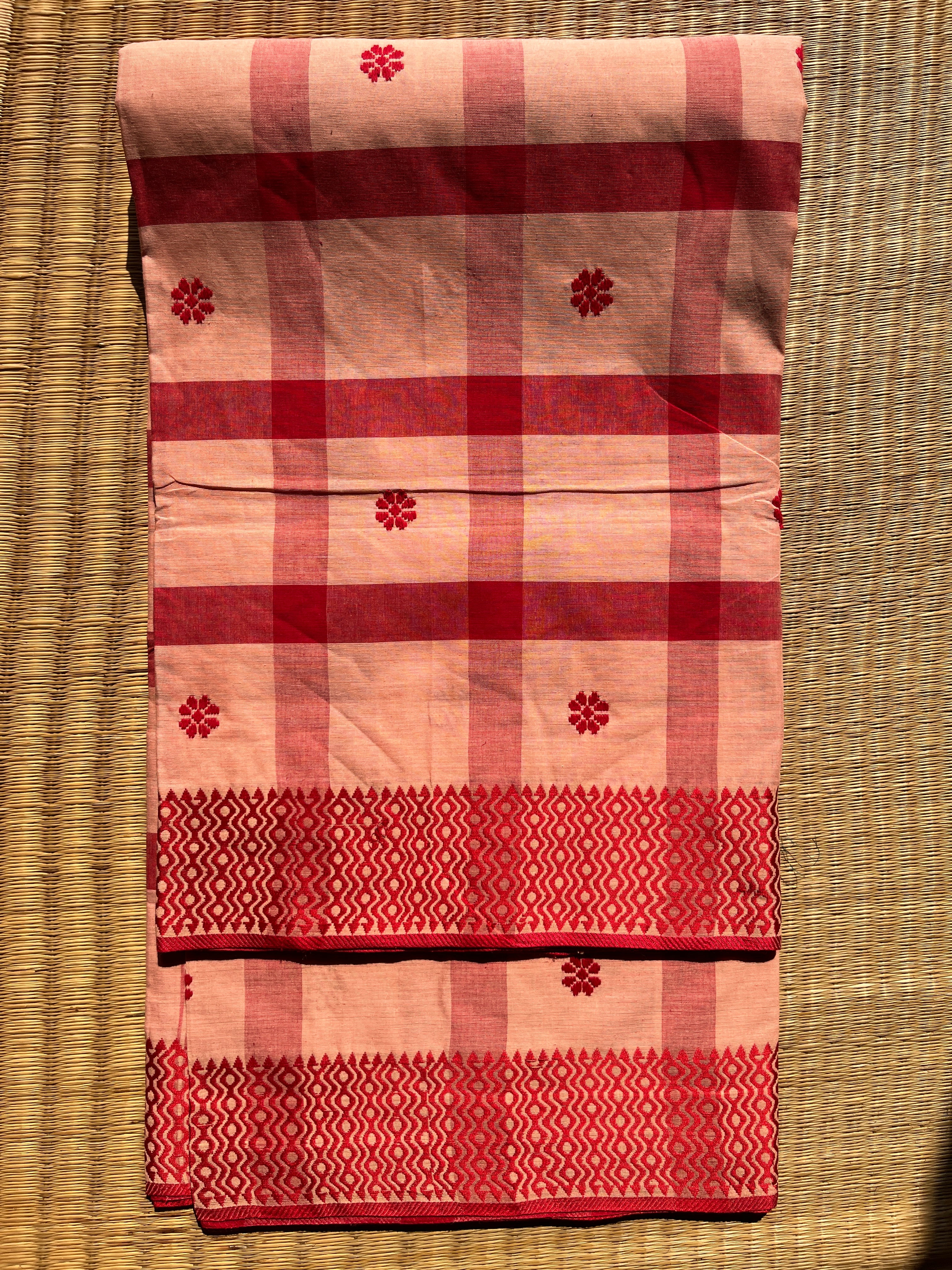 Red Checked Bengal Handloom Cotton Saree