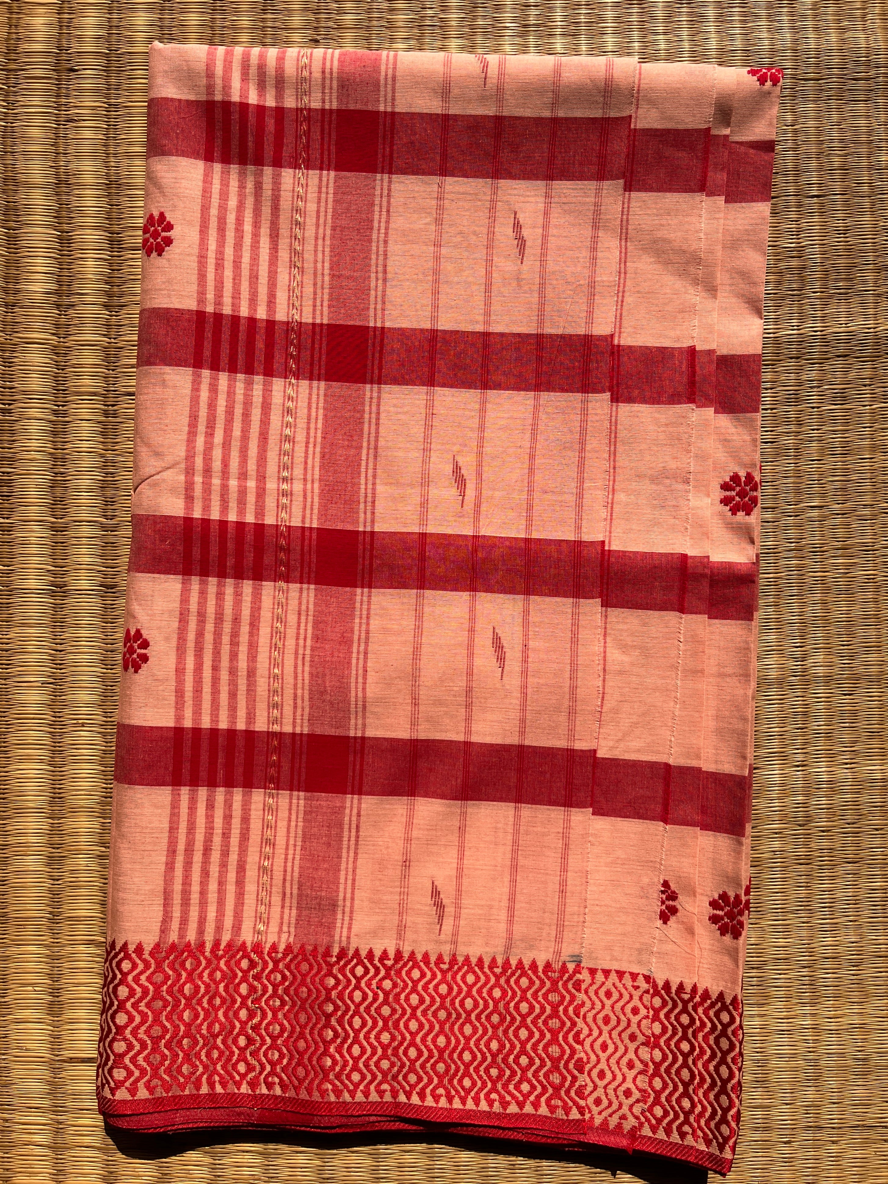 Red Checked Bengal Handloom Cotton Saree