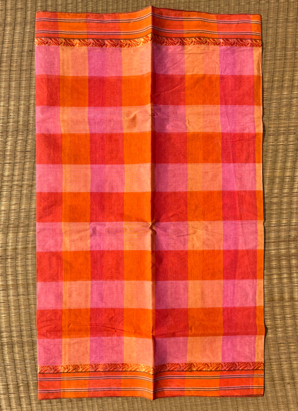 Bengal Handloom Cotton Saree – Orange Checked with Border