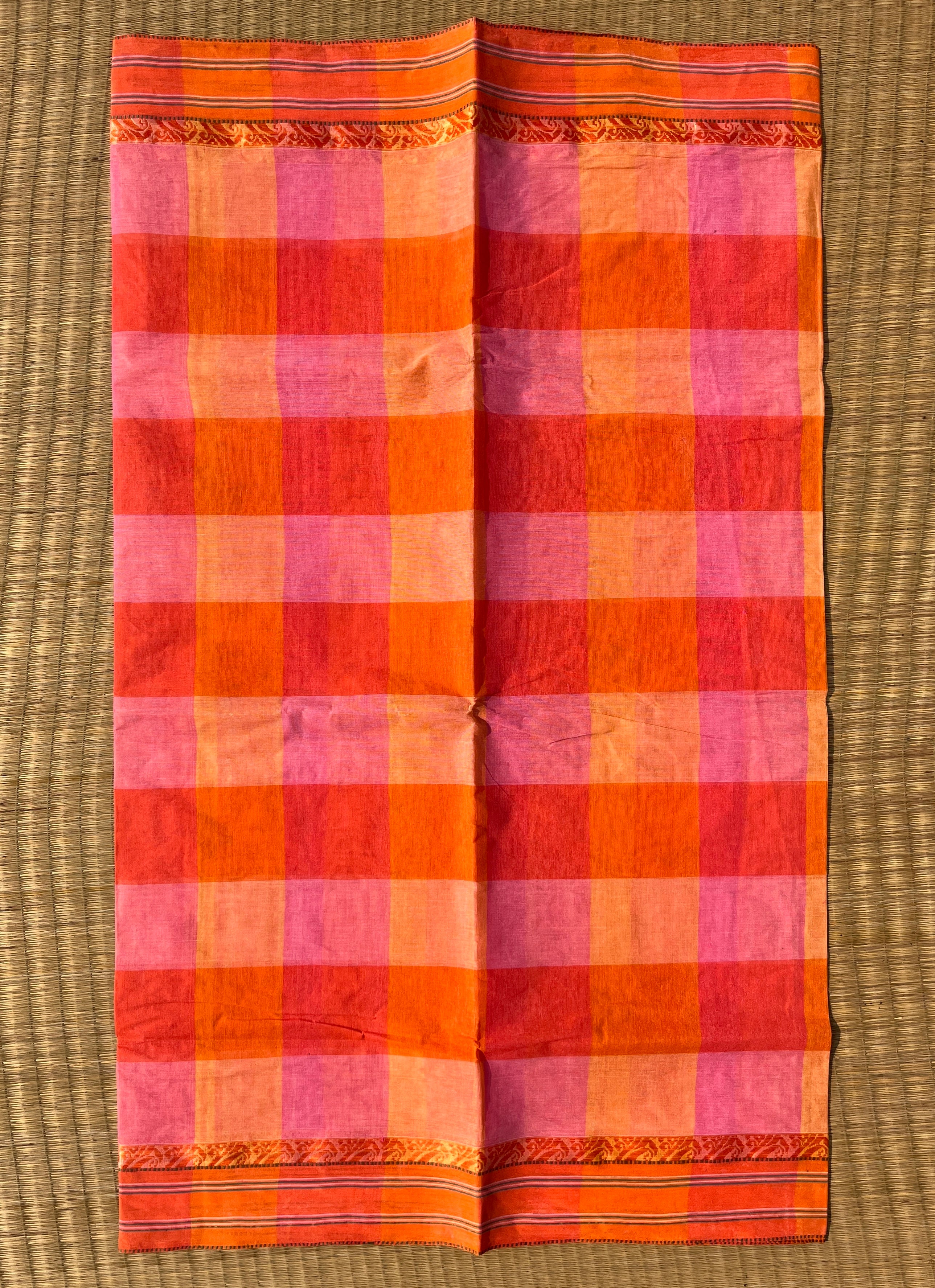 Bengal Handloom Cotton Saree – Orange Checked with Border