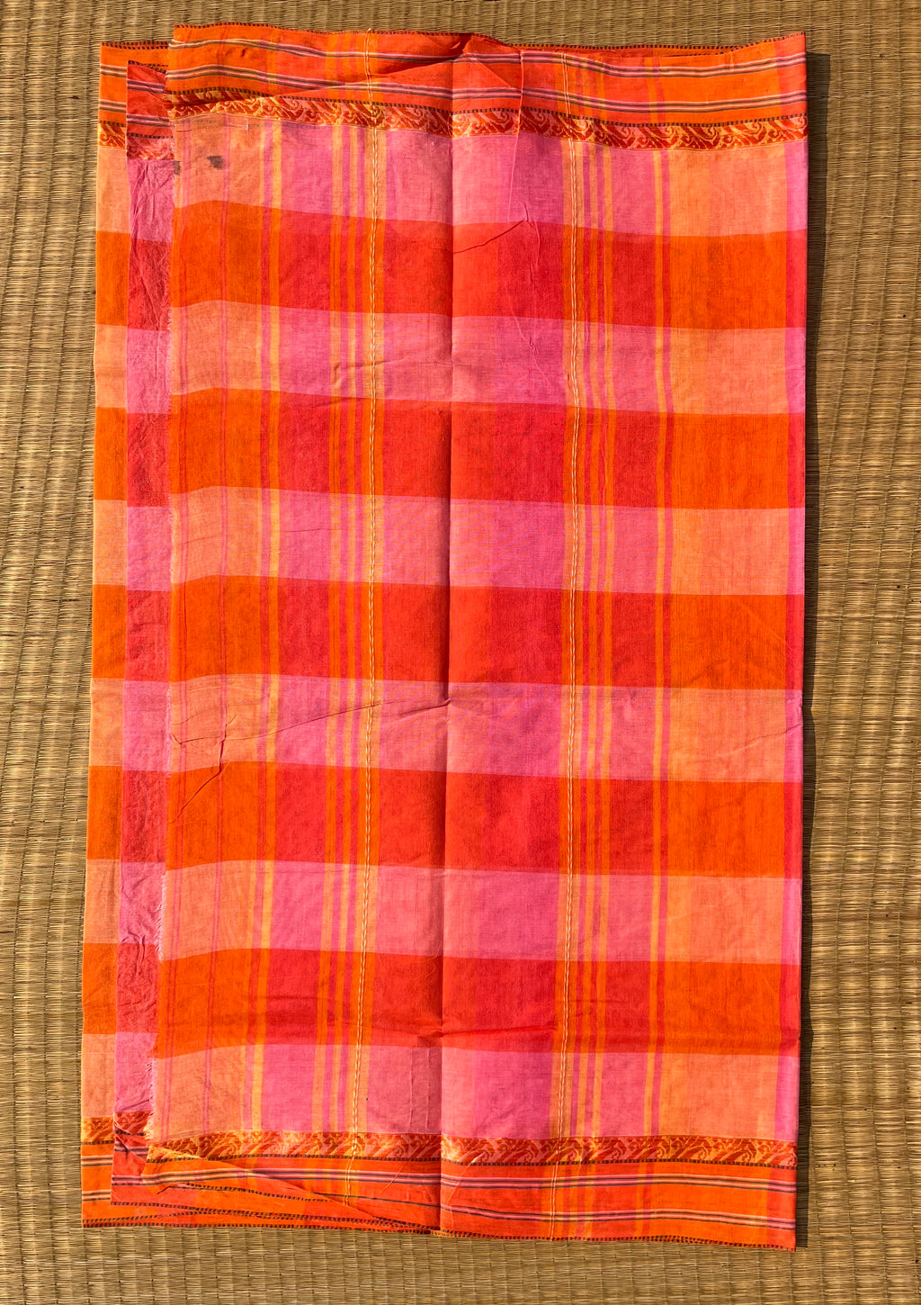 Bengal Handloom Cotton Saree – Orange Checked with Border