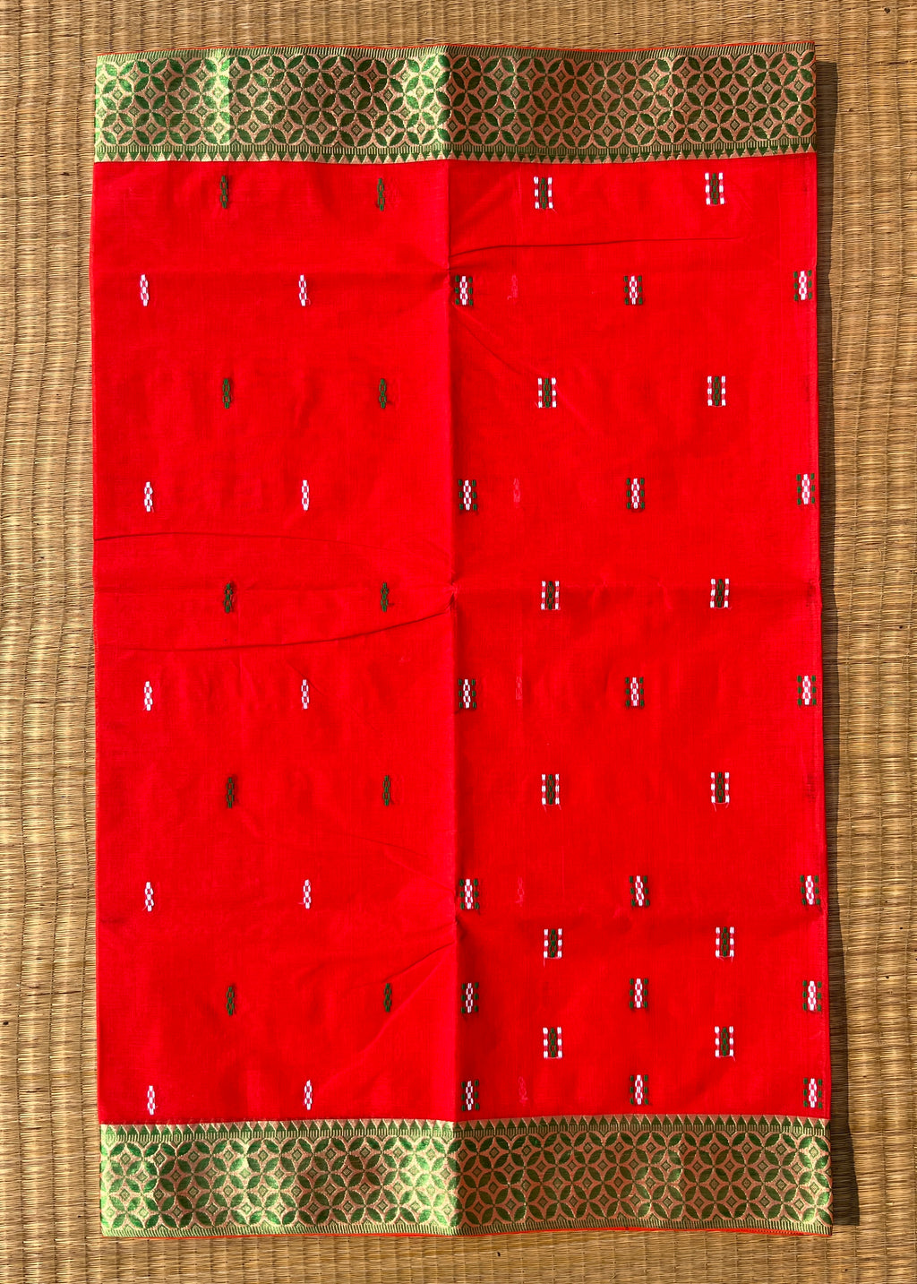 Red Bengal Handloom Cotton Saree with Green Border
