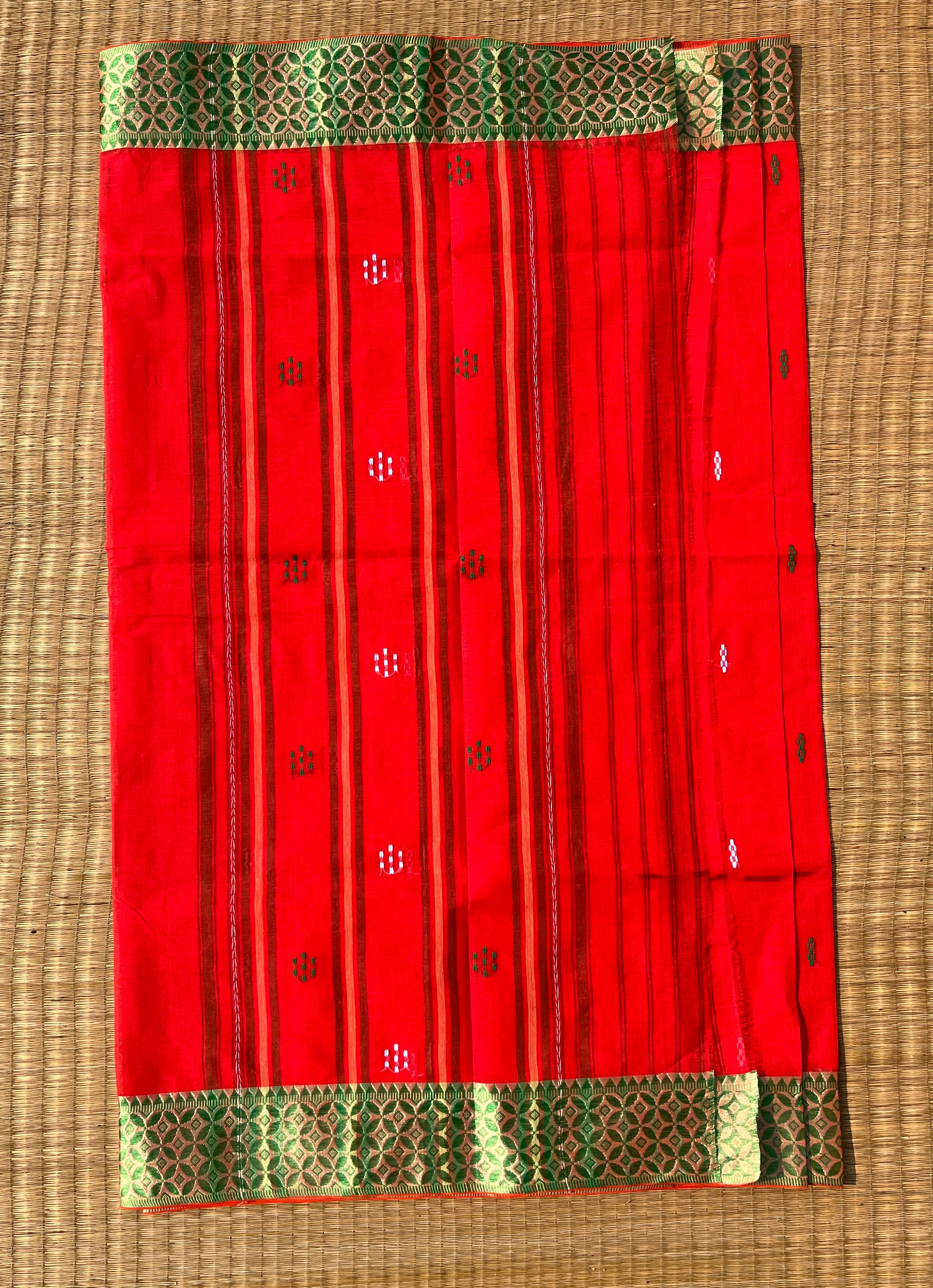 Red Bengal Handloom Cotton Saree with Green Border